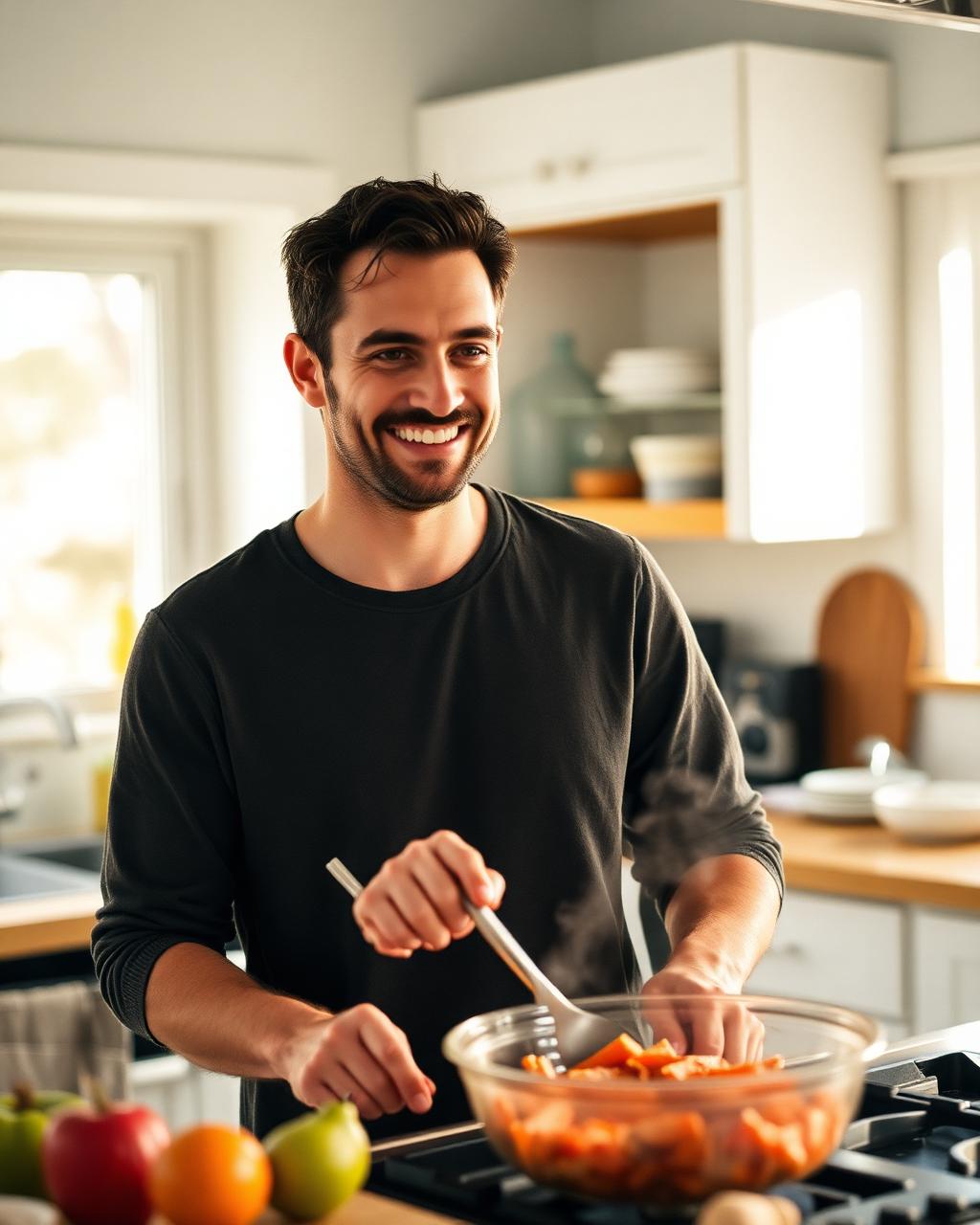 Joe cooking in a bright kitchen