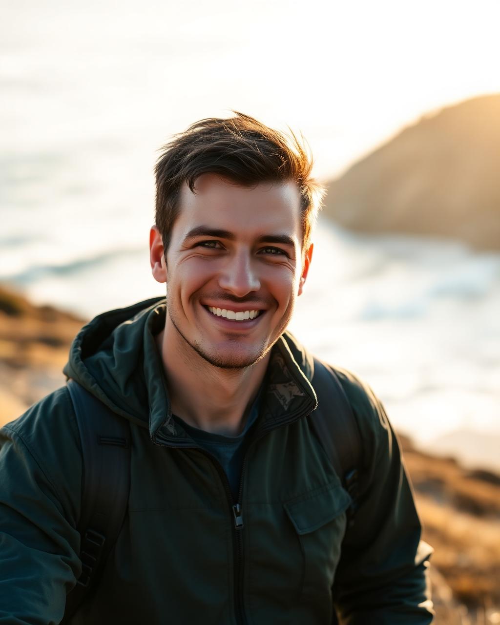 Joe hiking on a coastal trail at golden hour