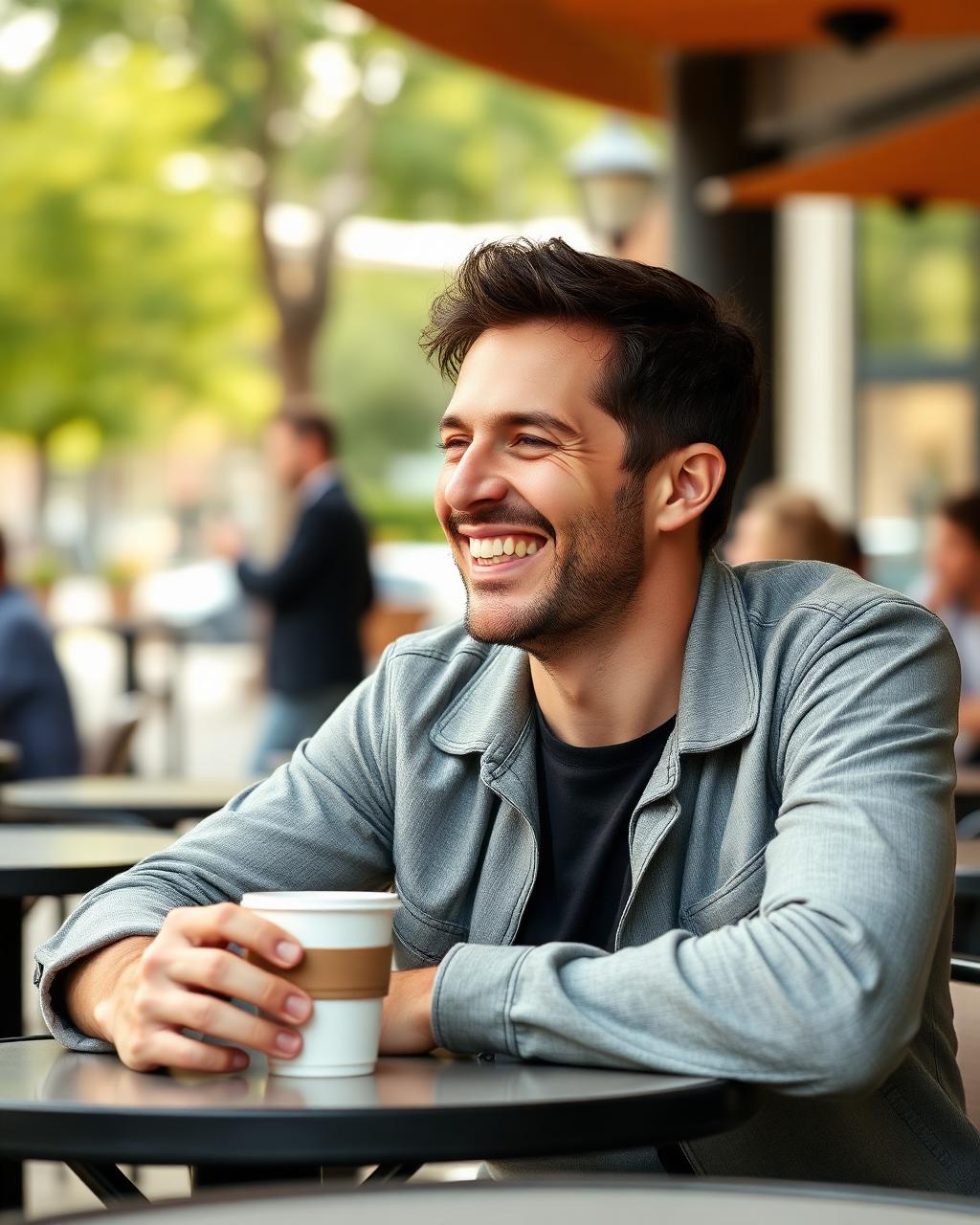 Joe laughing over coffee at an outdoor cafe