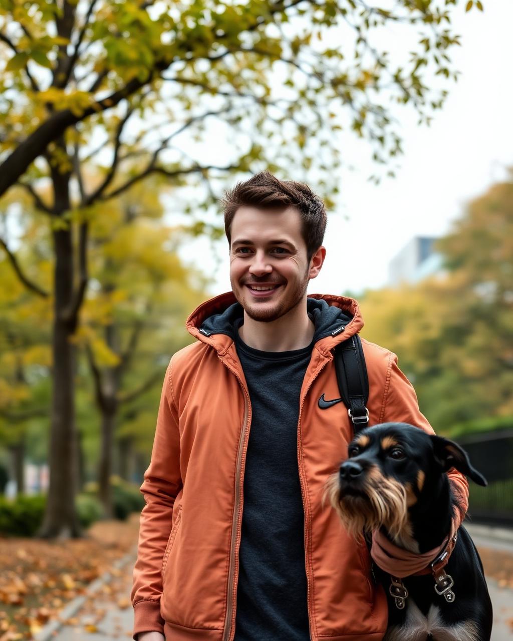Joe walking his dog in a park