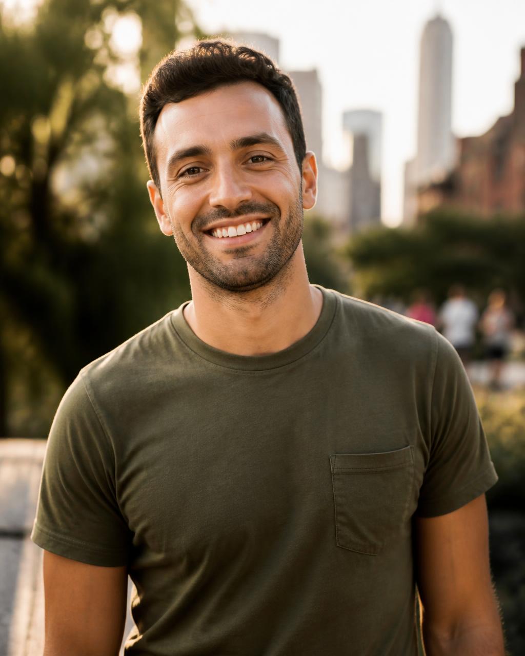 Joe smiling outdoors in golden hour light